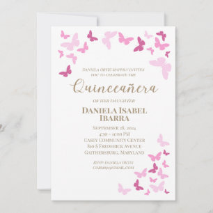 Invitation Quinceañera Papillons Roses Lettre Dorée