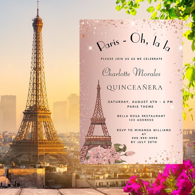 Invitation Quinceanera Paris Tour Eiffel or rose (Créateur téléchargé)