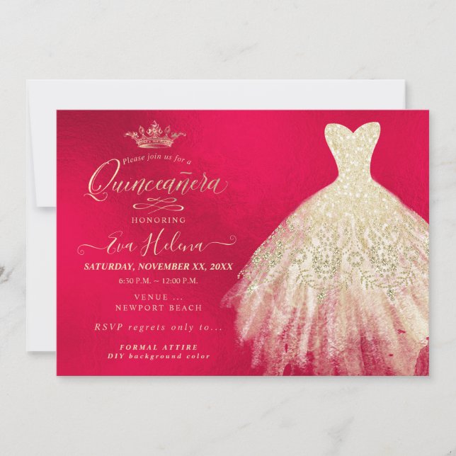 Invitation Quinceañera, Parties scintillant Gown, Faux Gold+R (Devant)