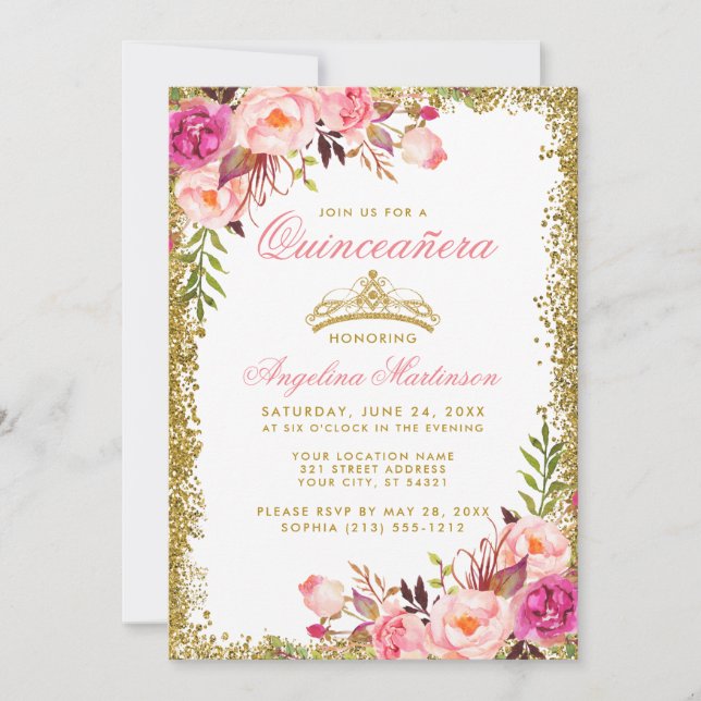 Invitation Quinceanera Parties scintillant or Couronne rose f (Devant)