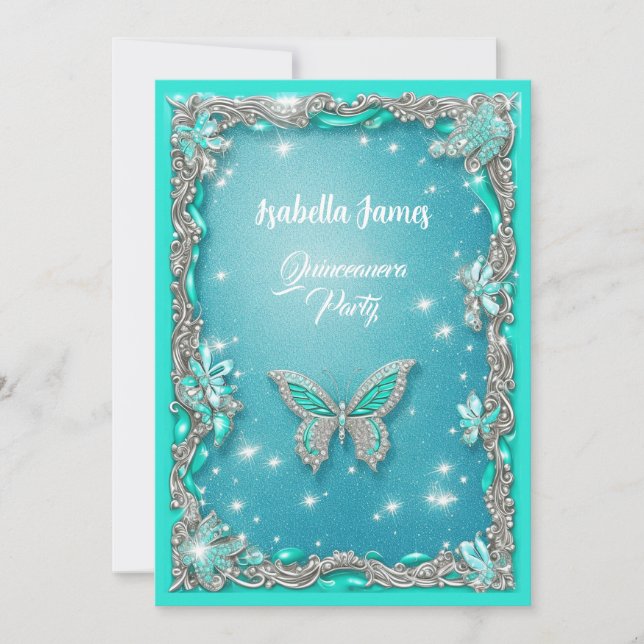 Invitation Quinceañera parties scintillant papillon turquoise (Devant)