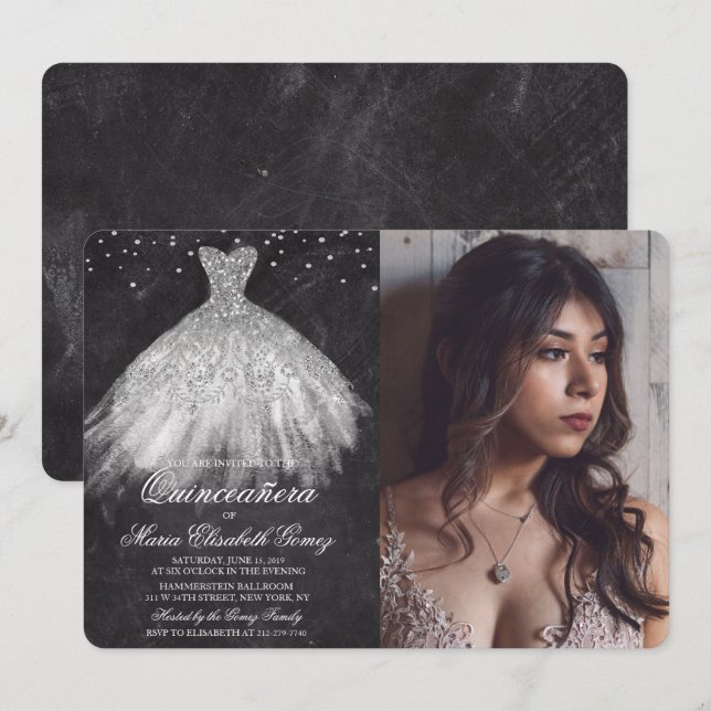 Invitation Quinceanera Parties scintillant robe Diamond Chalk (Devant / Derrière)