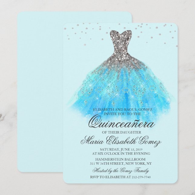 Invitation Quinceanera Parties scintillant robe Diamond Invit (Devant / Derrière)