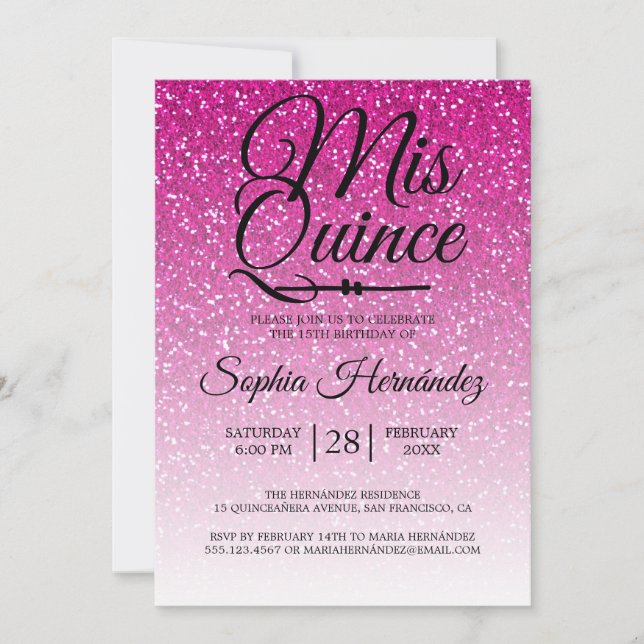 Invitation Quinceañera Parties scintillant rose chaud 15e ann (Devant)