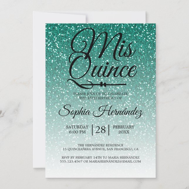 Invitation Quinceañera Parties scintillant verte 15e annivers (Devant)