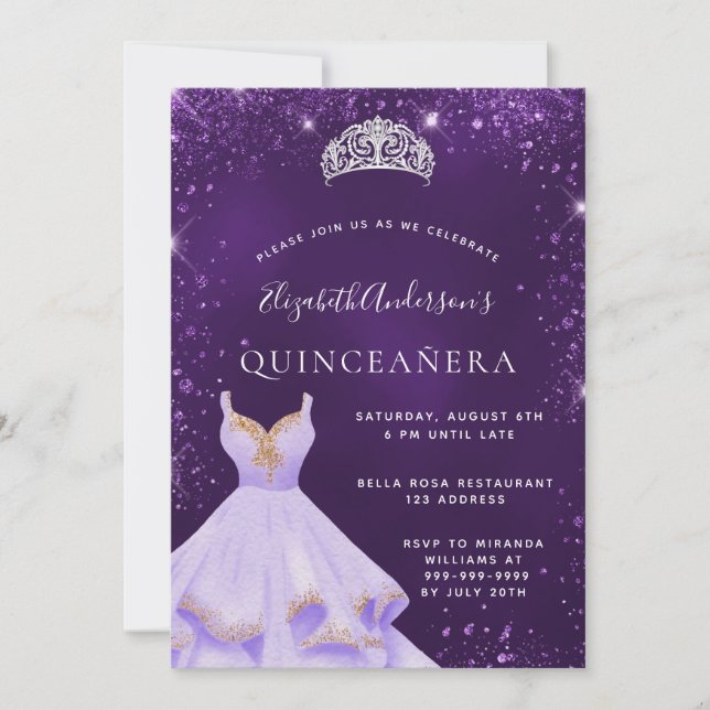 Invitation Quinceanera parties scintillant violet poussière r (Devant)
