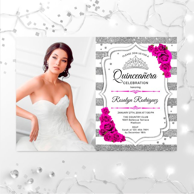 Invitation Quinceanera Party avec photo - Argent Blanc Rose (Créateur téléchargé)