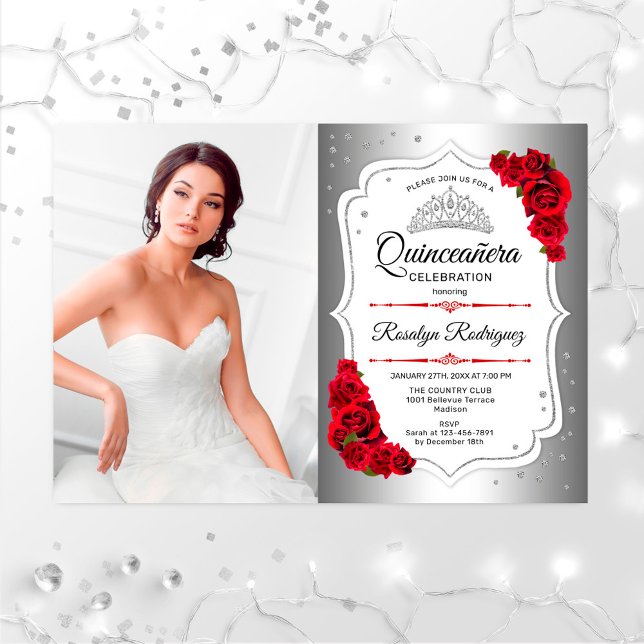 Invitation Quinceanera Party avec photo - Argent Blanc Rouge (Créateur téléchargé)