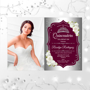 Invitation Quinceanera Party avec photo - Argent Bourgogne