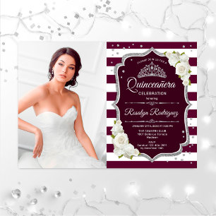 Invitation Quinceanera Party avec photo - Argent Bourgogne