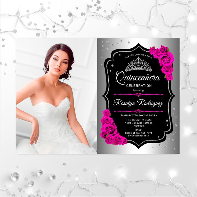 Invitation Quinceanera Party avec photo - Argent noir rose (Créateur téléchargé)