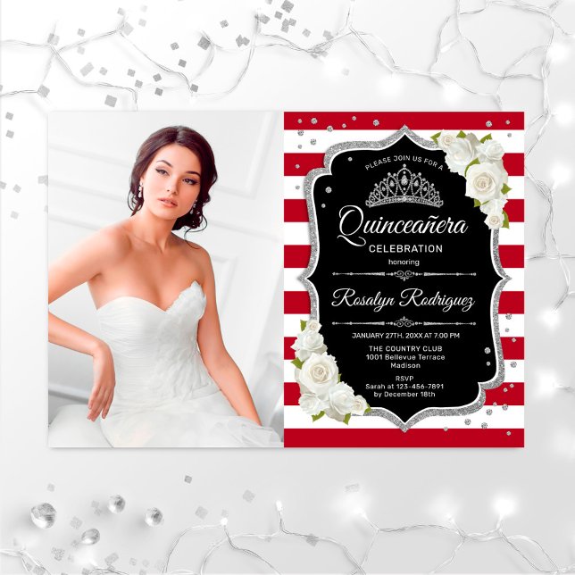 Invitation Quinceanera Party avec photo - Argent Noir Rouge (Créateur téléchargé)