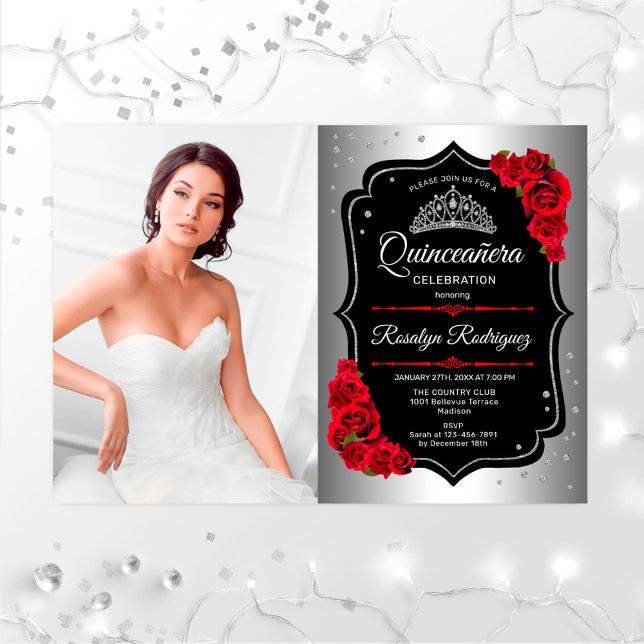 Invitation Quinceanera Party avec photo - Argent Noir Rouge (Créateur téléchargé)