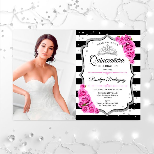 Invitation Quinceanera Party avec photo - Argent rose blanc (Créateur téléchargé)
