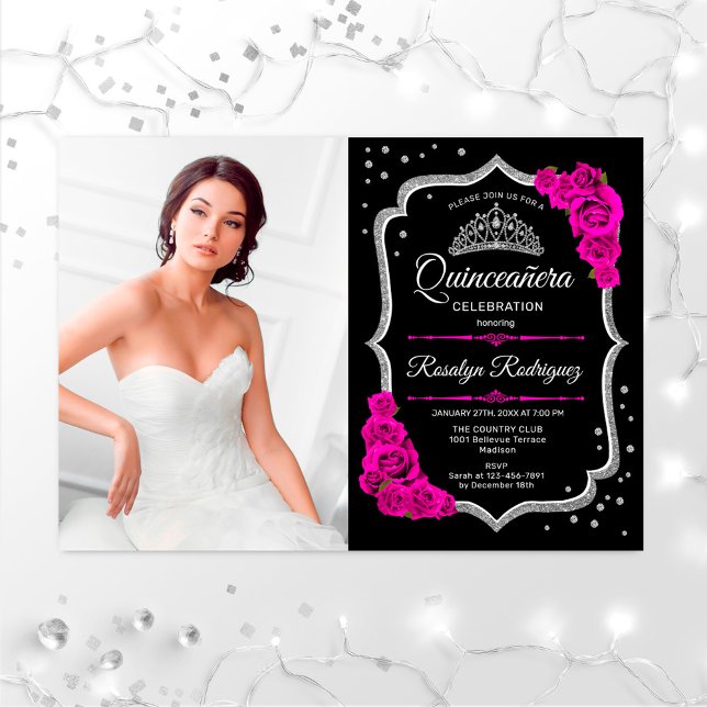 Invitation Quinceanera Party avec photo - Argent Rose Noir (Créateur téléchargé)