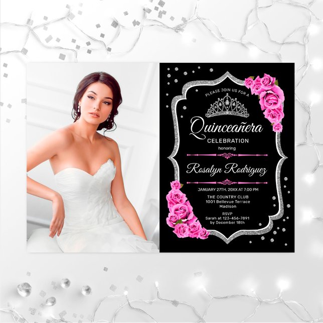 Invitation Quinceanera Party avec photo - Argent Rose Noir (Créateur téléchargé)
