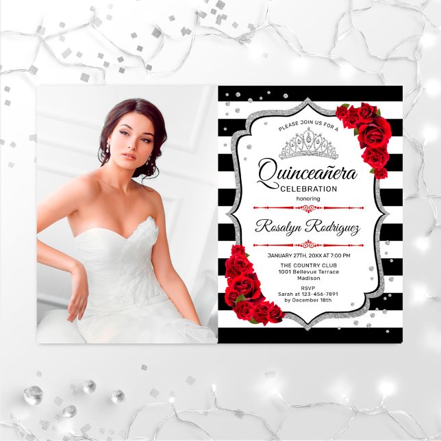 Invitation Quinceanera Party avec photo - Argent Rouge Blanc (Créateur téléchargé)