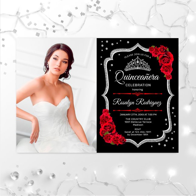 Invitation Quinceanera Party avec photo - Argent Rouge Noir (Créateur téléchargé)