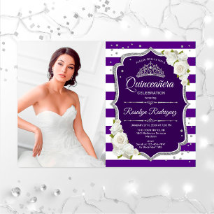 Invitation Quinceanera Party avec photo - Blanc d'argent viol