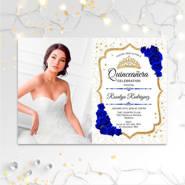 Invitation Quinceanera Party avec photo - Bleu Or Blanc (Créateur téléchargé)