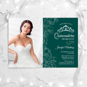 Invitation Quinceanera Party avec photo Emerald Green Floral