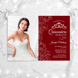 Invitation Quinceanera Party avec photo - Floral Blanc Rouge
