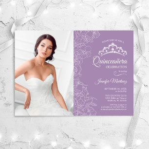 Invitation Quinceanera Party avec photo - Floral blanc violet