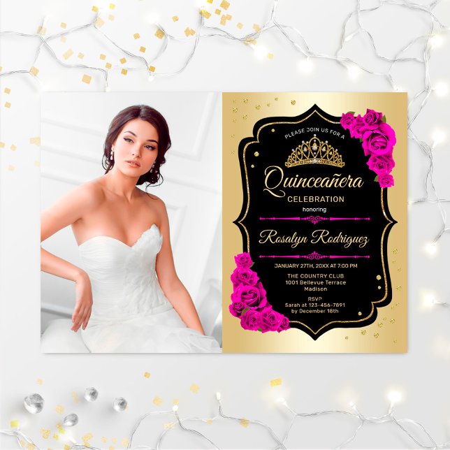Invitation Quinceanera Party avec photo - Gold Black Rose (Créateur téléchargé)