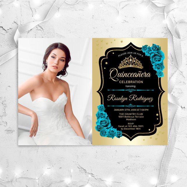 Invitation Quinceanera Party avec photo - Gold Black Turquois (Créateur téléchargé)
