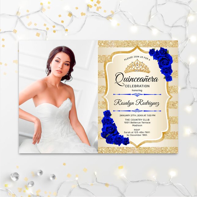 Invitation Quinceanera Party avec photo - Gold Royal Blue (Créateur téléchargé)