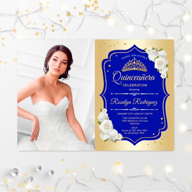 Invitation Quinceanera Party avec photo - Gold Royal Blue (Créateur téléchargé)