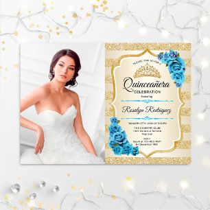 Invitation Quinceanera Party avec photo - Gold Turquoise Bleu