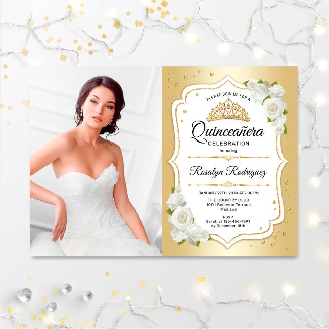 Invitation Quinceanera Party avec photo - Gold White (Créateur téléchargé)