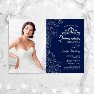 Invitation Quinceanera Party avec photo - Marine White Floral
