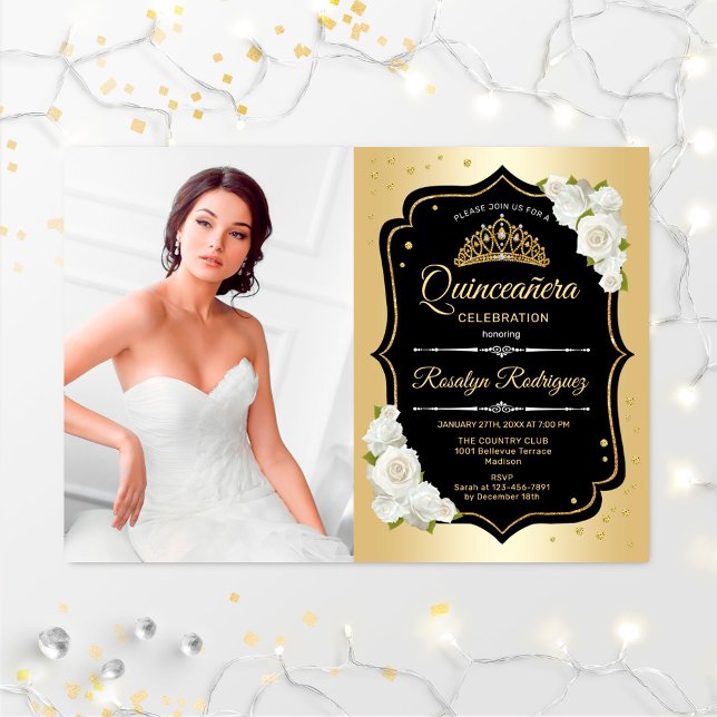 Invitation Quinceanera Party avec photo - Noir Or Blanc (Créateur téléchargé)
