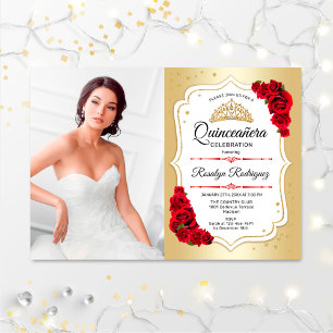 Invitation Quinceanera Party avec photo - Or Blanc Rouge