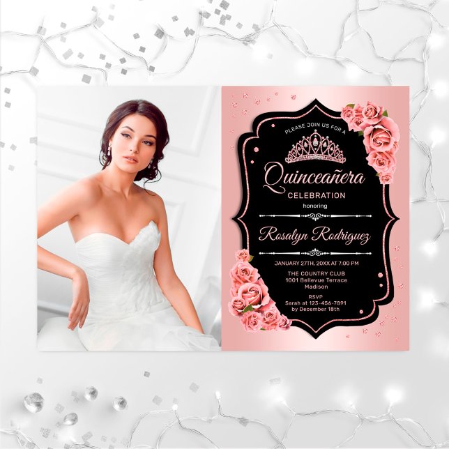 Invitation Quinceanera Party avec photo - Rose Gold Black (Créateur téléchargé)