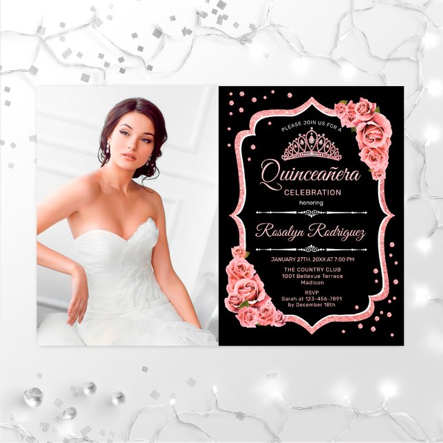 Invitation Quinceanera Party avec photo - Rose Gold Black (Créateur téléchargé)