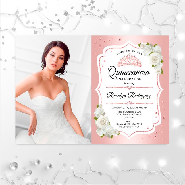 Invitation Quinceanera Party avec photo - Rose Gold White (Créateur téléchargé)