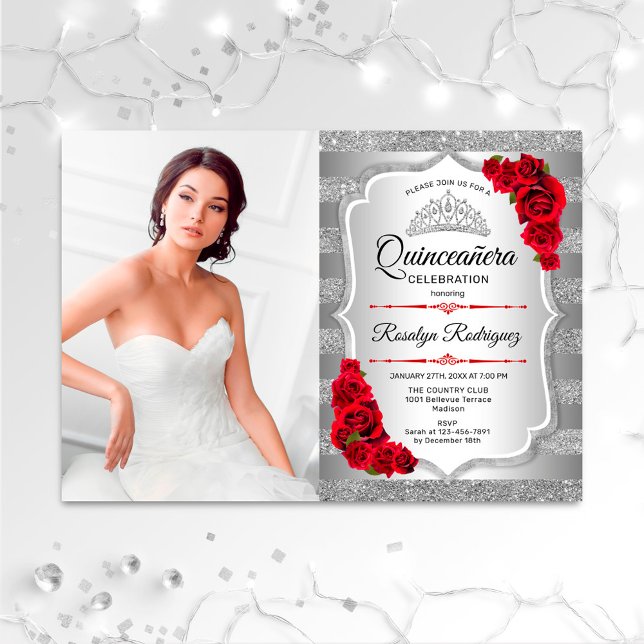 Invitation Quinceanera Party avec photo - Rouge Argent (Créateur téléchargé)