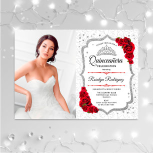 Invitation Quinceanera Party avec photo - Rouge argent blanc