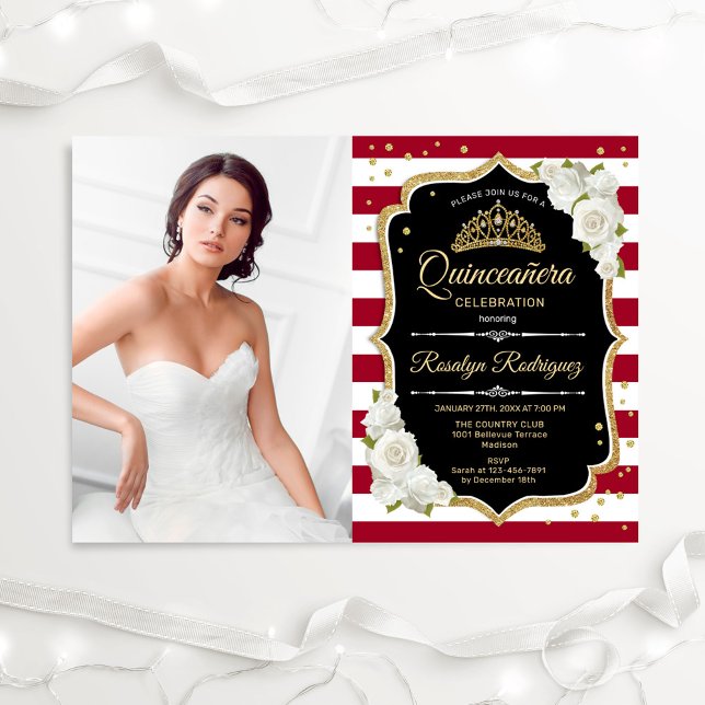 Invitation Quinceanera Party avec photo - Rouge Black Gold (Créateur téléchargé)