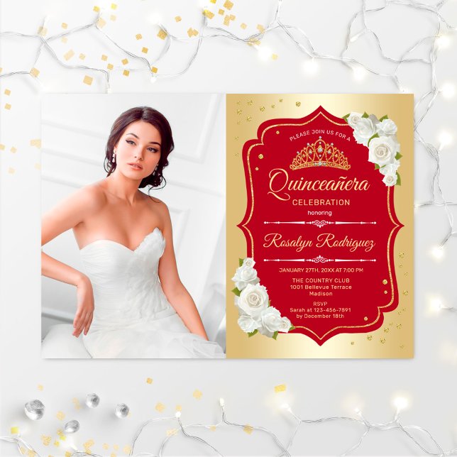 Invitation Quinceanera Party avec photo - Rouge or (Créateur téléchargé)