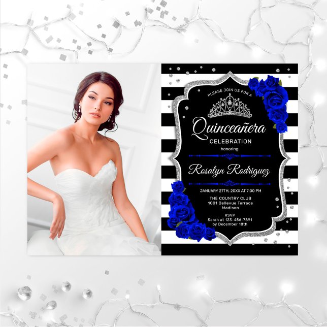 Invitation Quinceanera Party avec photo - Royal Blue Silver (Créateur téléchargé)