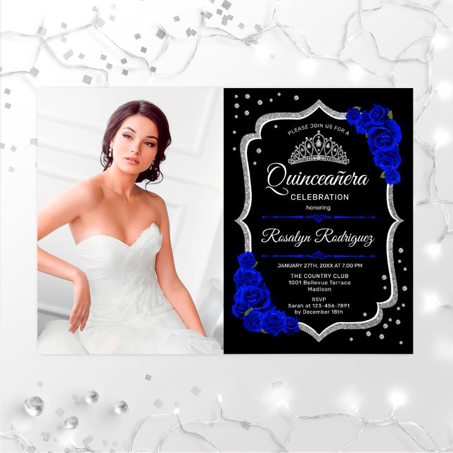 Invitation Quinceanera Party avec photo - Royal Blue Silver (Créateur téléchargé)