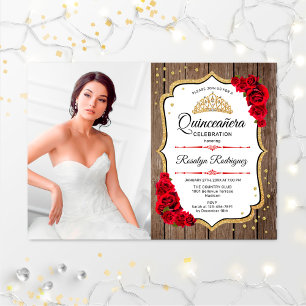 Invitation Quinceanera Party avec photo - Rustic Wood Gold