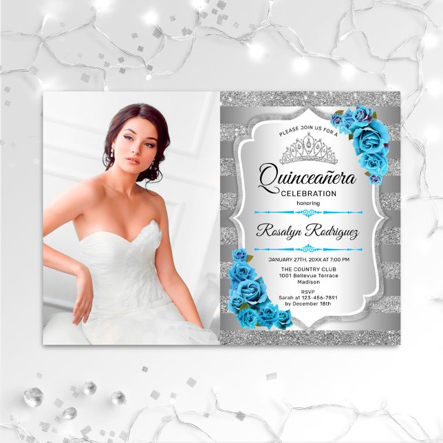 Invitation Quinceanera Party avec photo - Silver Icy Blue (Créateur téléchargé)