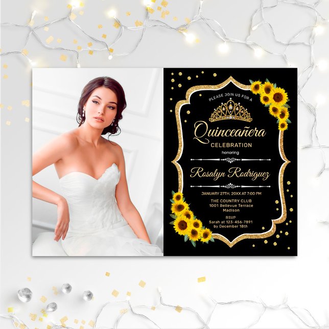 Invitation Quinceanera Party avec photo - Sunflowers Black (Créateur téléchargé)