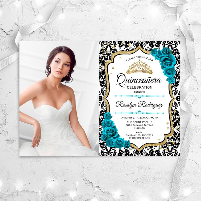 Invitation Quinceanera Party avec photo - Turquoise Gold Blac (Créateur téléchargé)