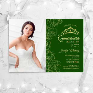 Invitation Quinceanera Party avec photo - Vert or Floral